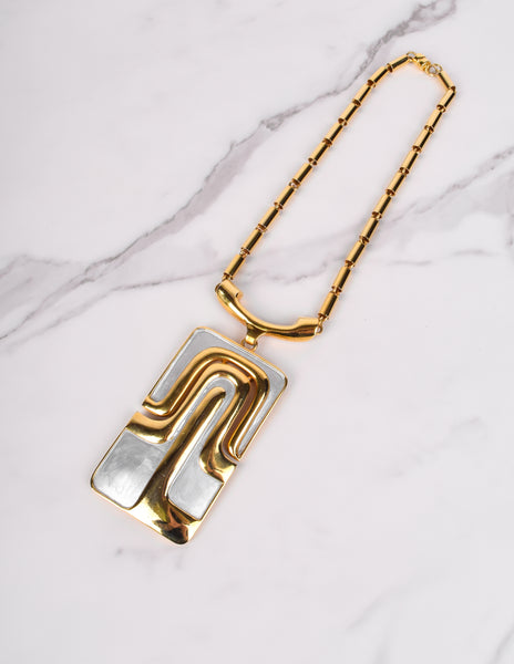 Pierre Cardin Vintage 1970s Golden and Silver Enamel Large Modernist Pendant Necklace