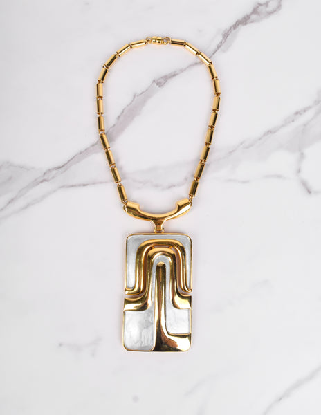 Pierre Cardin Vintage 1970s Golden and Silver Enamel Large Modernist Pendant Necklace
