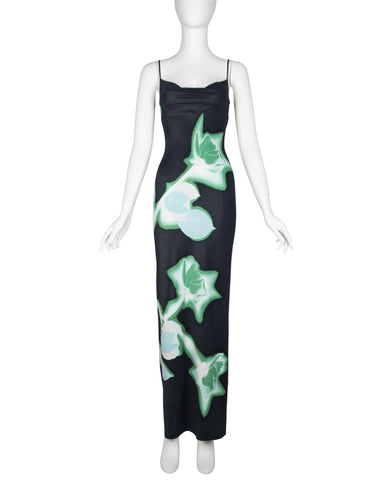 Plein Sud Vintage 1990s Black Green Abstract Rose Print Dress