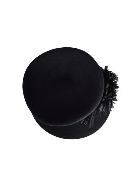 Philip Treacy Vintage Black Wool Flower Embellished Asymmetrical Hat