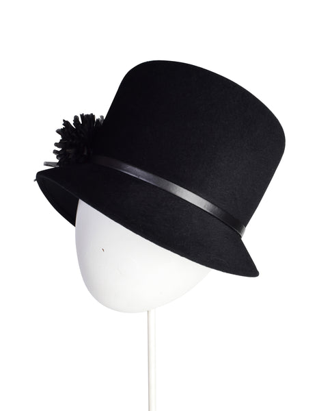 Philip Treacy Vintage Black Wool Flower Embellished Asymmetrical Hat