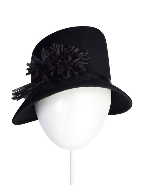 Philip Treacy Vintage Black Wool Flower Embellished Asymmetrical Hat