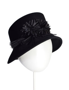 Philip Treacy Vintage Black Wool Flower Embellished Asymmetrical Hat