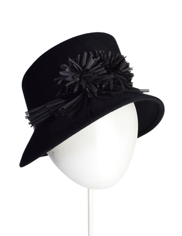 Philip Treacy Vintage Black Wool Flower Embellished Asymmetrical Hat
