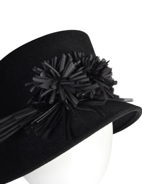 Philip Treacy Vintage Black Wool Flower Embellished Asymmetrical Hat