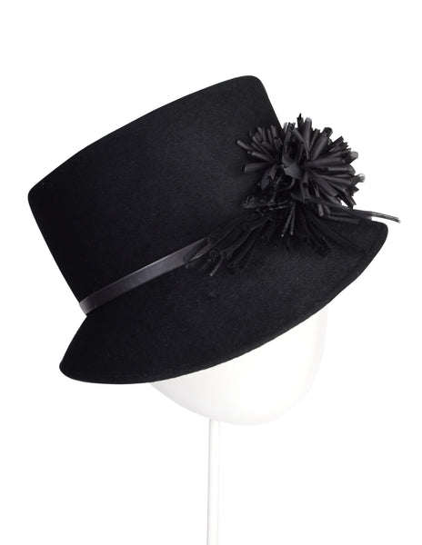 Philip Treacy Vintage Black Wool Flower Embellished Asymmetrical Hat