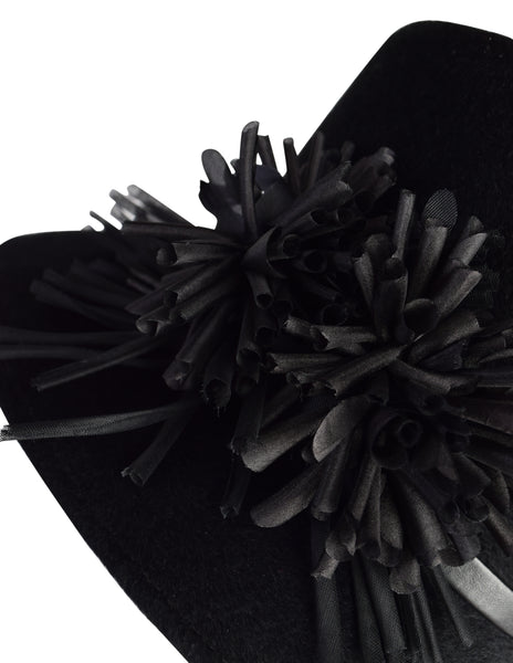 Philip Treacy Vintage Black Wool Flower Embellished Asymmetrical Hat