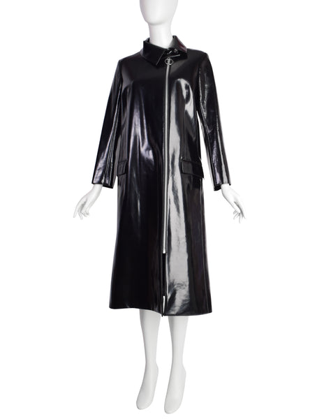 Pierre Cardin Vintage c. 1967-1969 Space Age Mod Black Oil Slick Patent Vinyl Trench Raincoat