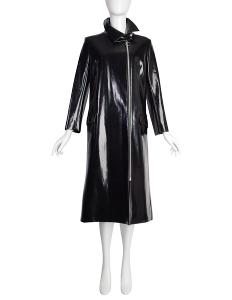 Pierre Cardin Vintage c. 1967-1969 Space Age Mod Black Oil Slick Patent Vinyl Trench Raincoat