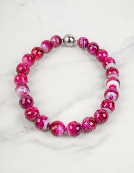 Vintage Fuchsia Striped Faceted Agate Beaded Necklace