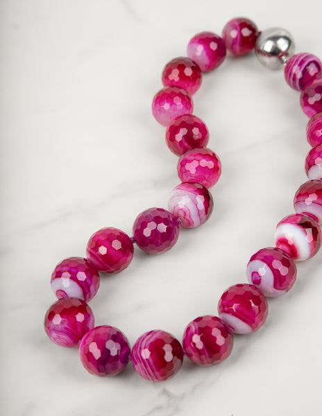Vintage Fuchsia Striped Faceted Agate Beaded Necklace