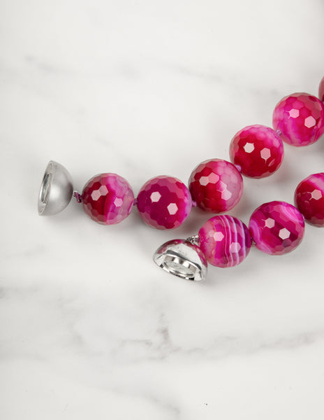 Vintage Fuchsia Striped Faceted Agate Beaded Necklace