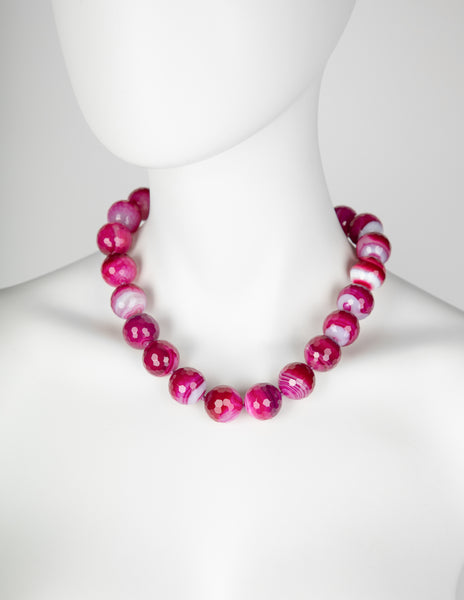 Vintage Fuchsia Striped Faceted Agate Beaded Necklace