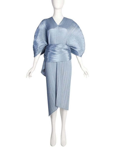 Pleats Please by Issey Miyake Light Blue Dramatic Madame T Wrap Cape Tunic Caftan Dress