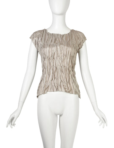 Pleats Please by Issey Miyake Vintage Taupe Crinkle Pleated Top