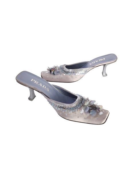 Prada Vintage AW 1999 Grey Blue Satin Paillette Embellished Mule Heels
