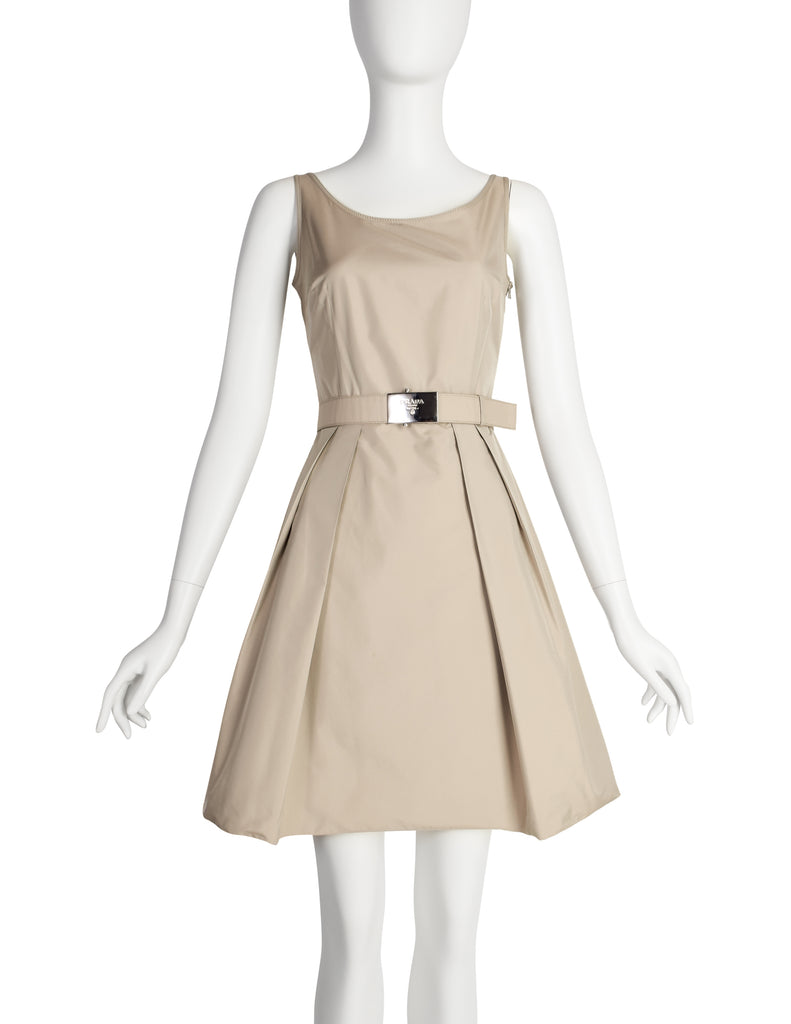 Prada Vintage 2007 Beige Nylon Fit and Flare Mini Dress with Belt Amarcord Vintage Fashion Prada Vintage 2007 Beige Nylon Fit and Flare Mini Dress with Belt Amarcord Vintage Fashion