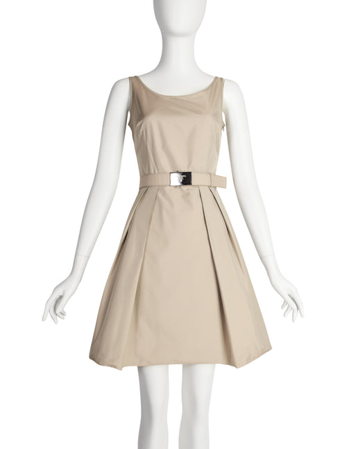 Prada Vintage 2007 Beige Nylon Fit and Flare Mini Dress with Belt
