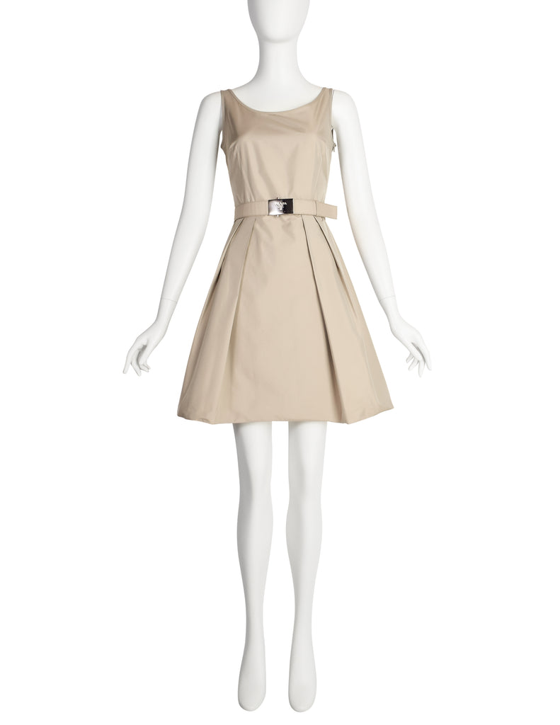 Prada Vintage 2007 Beige Nylon Fit and Flare Mini Dress with Belt Amarcord Vintage Fashion Prada Vintage 2007 Beige Nylon Fit and Flare Mini Dress with Belt Amarcord Vintage Fashion