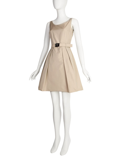 Prada Vintage 2007 Beige Nylon Fit and Flare Mini Dress with Belt