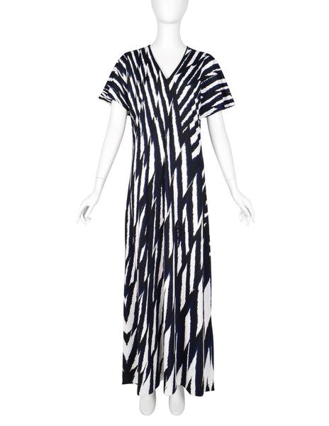 Roberta di Camerino Vintage 1978 Black Blue & White Zig Zag Print Jersey Maxi Dress