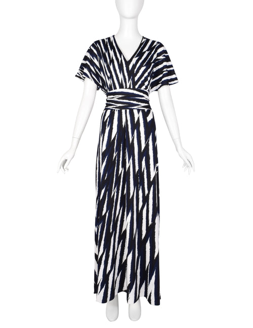 Roberta di Camerino Vintage 1978 Black Blue & White Zig Zag Print Jersey Maxi Dress Roberta di Camerino Vintage 1978 Black Blue & White Zig Zag Print Jersey Maxi Dress