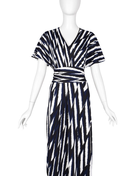 Roberta di Camerino Vintage 1978 Black Blue & White Zig Zag Print Jersey Maxi Dress