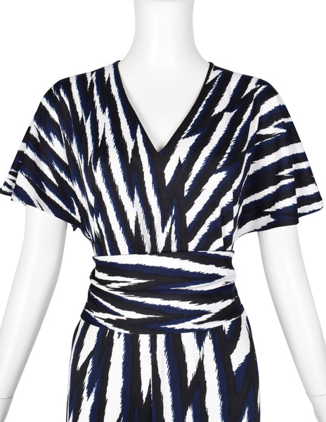 Roberta di Camerino Vintage 1978 Black Blue & White Zig Zag Print Jersey Maxi Dress