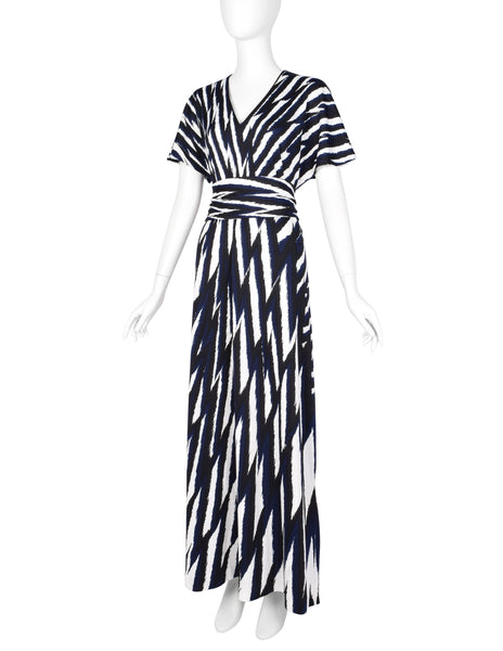 Roberta di Camerino Vintage 1978 Black Blue & White Zig Zag Print Jersey Maxi Dress