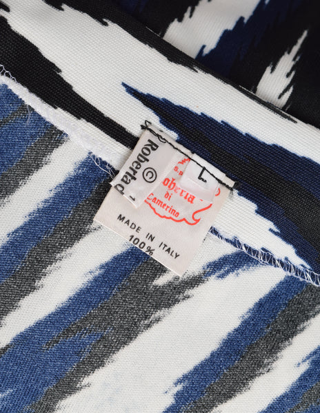 Roberta di Camerino Vintage 1978 Black Blue & White Zig Zag Print Jersey Maxi Dress