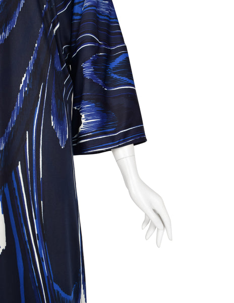 Roberta di Camerino Vintage 1978 Blue Feather Print Trompe L'oeil Maxi Dress