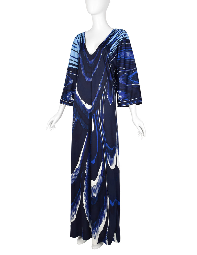 blue feather print dress Navy Blue Feather-Print Ruched Maxi Dress