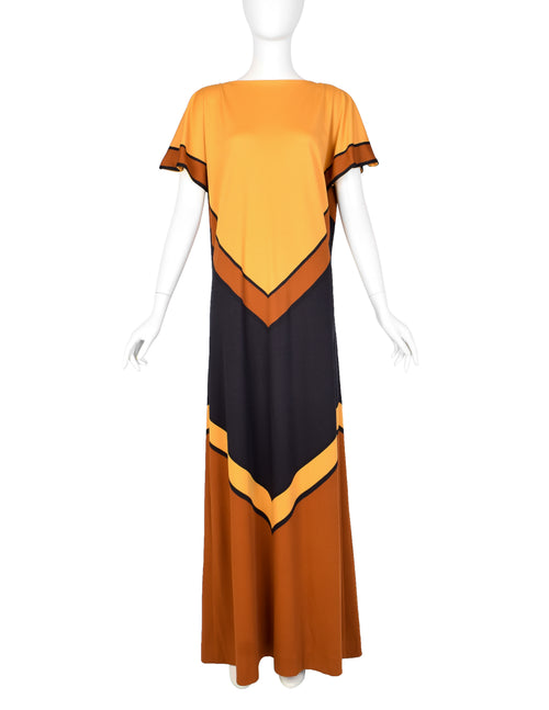 Roberta Di Camerino Vintage 1978 Orange & Black Chevron Print Maxi Dress