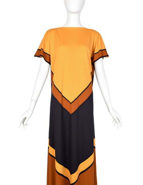 Roberta Di Camerino Vintage 1978 Orange & Black Chevron Print Maxi Dress