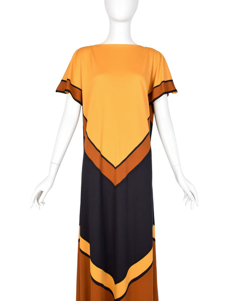 Roberta di Camerino Vintage 1978 Orange & Black Chevron Print Maxi Dress