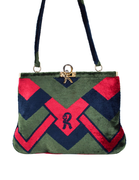 Roberta di Camerino Vintage 1970s Red Blue and Green Geometric Velvet Shoulder Bag