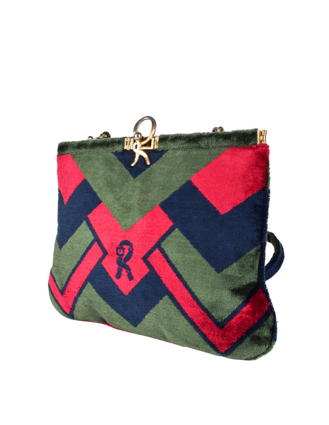 Roberta di Camerino Vintage 1970s Red Blue and Green Geometric Velvet Shoulder Bag