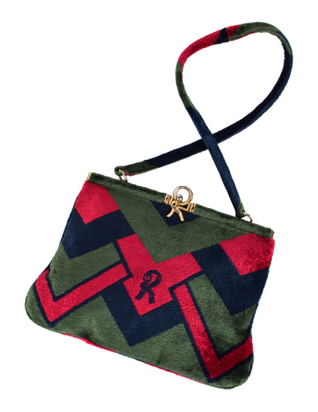 Roberta di Camerino Vintage 1970s Red Blue and Green Geometric Velvet Shoulder Bag