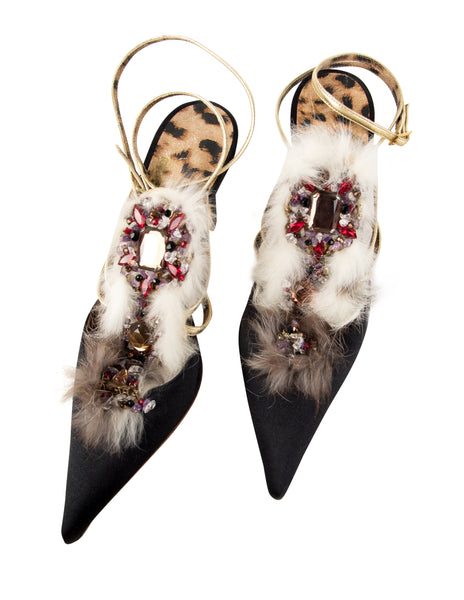 Roberto Cavalli Vintage Fur and Gem Adorned Black Satin Strappy Heels