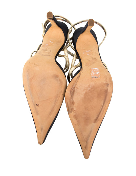Roberto Cavalli Vintage Fur and Gem Adorned Black Satin Strappy Heels
