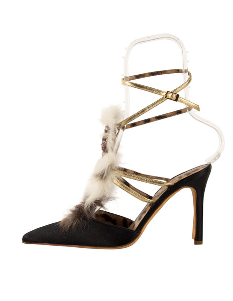 Roberto Cavalli Vintage Fur and Gem Adorned Black Satin Strappy Heels