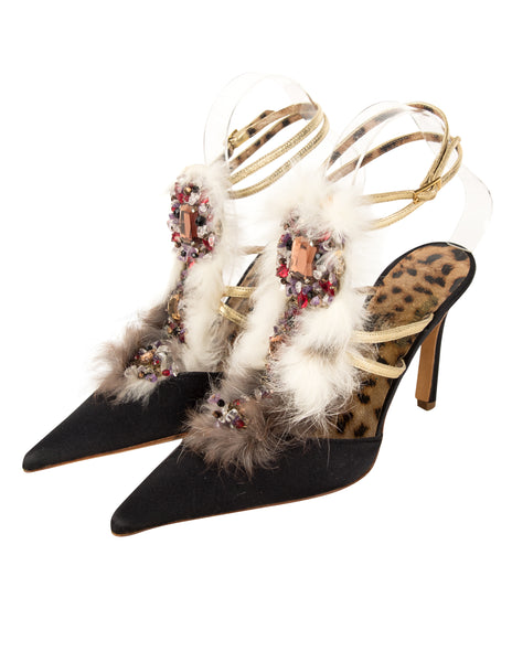 Roberto Cavalli Vintage Fur and Gem Adorned Black Satin Strappy Heels