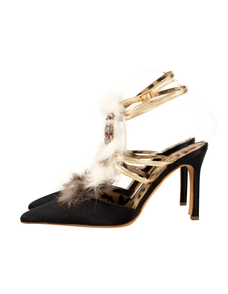 Roberto Cavalli Vintage Fur and Gem Adorned Black Satin Strappy Heels