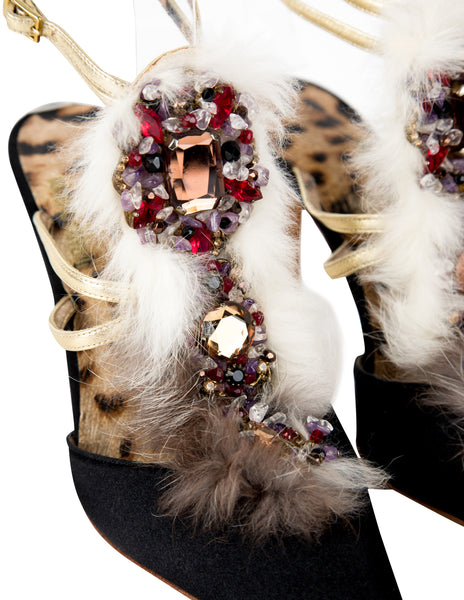 Roberto Cavalli Vintage Fur and Gem Adorned Black Satin Strappy Heels