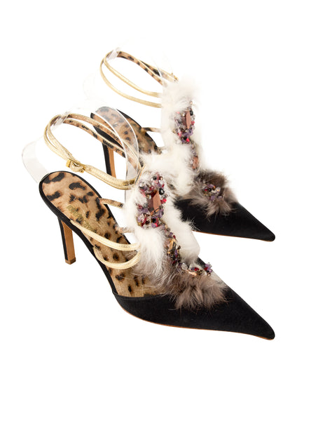 Roberto Cavalli Vintage Fur and Gem Adorned Black Satin Strappy Heels
