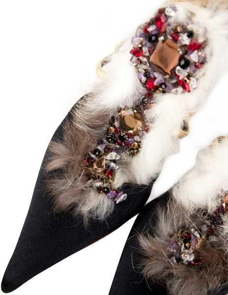 Roberto Cavalli Vintage Fur and Gem Adorned Black Satin Strappy Heels