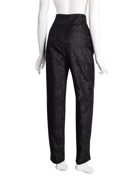 Romeo Gigli Vintage Estate 1996 Black Silk Jacquard Floral Damask Two Piece Jacket and Pant Suit