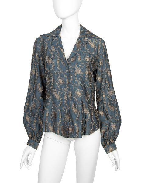 Romeo Gigli Vintage AW 1996 Blue Green Silk Jacquard Top