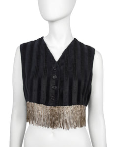 Romeo Gigli Vintage AW 1994 Black and Grey Velvet and Jacquard Golden Chain Fringe Cropped Vest