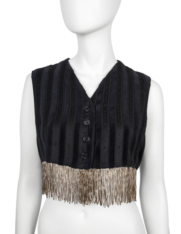 Romeo Gigli Vintage AW 1994 Black and Grey Velvet and Jacquard Golden Chain Fringe Cropped Vest